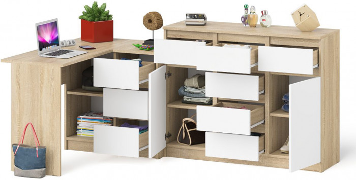 Мори Стол компьютерный МС-16 правый + Комод МК1200.4, цвет дуб сонома/белый, ШхГхВ 244,8х84,9х94 см., выдвижные ящики справа, НЕ универсальная сборка