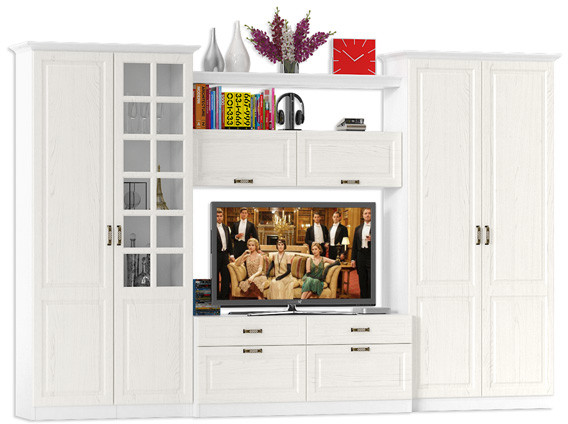 Ливерпуль Набор мебели 4, цвет ясень ваниль/белый, ШхГхВ 340х49,3х220,3 см.(без учёта карниза), ниша для тв 140х49х90 см., универсальная сборка