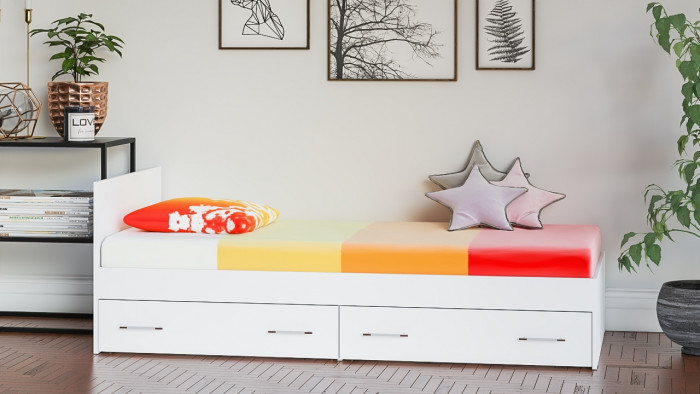 Мори Кровать с ящиками 0900, цвет белый, ШхГхВ 93,5х203,5х70 см., сп.м. 900х2000 мм., без матраса, основание есть