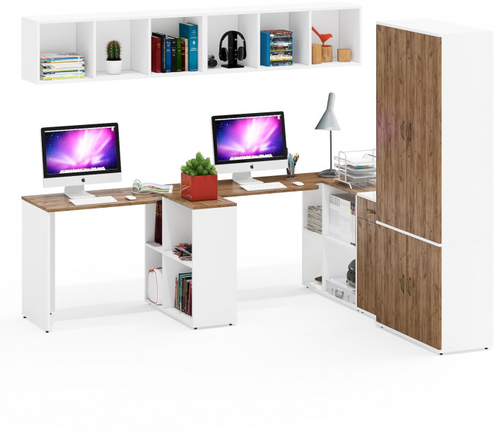 Лидер-8 Стол + Полка + Стол + Полка + Шкаф МД 20Б + Тумба МД 3.15, цвет белый шагрень/крафт золото, 450х50х75/190 или 230х200/50х75/190, НЕ ун. сб.