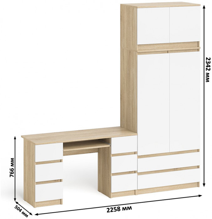 Мори Стол компьютерный МС-2 + Шкаф МШ900.1 + Антресоль МА900.1, цвет дуб сонома/белый, ШхГхВ 225,8х50,4х234,2 см., универсальная сборка