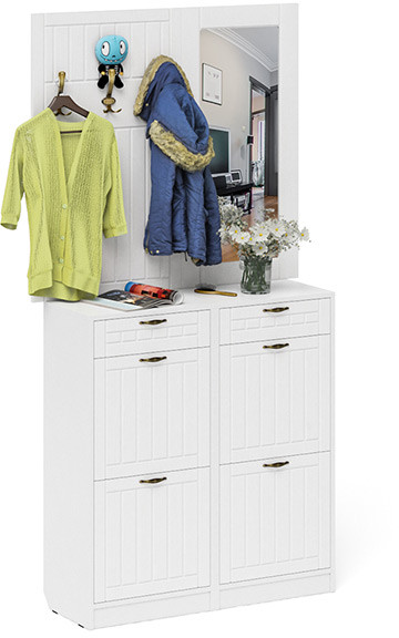 Прихожая П-6 Компоновка № 05, цвет белая шагрень/фасады МДФ белое дерево фрезеровка прованс, ШхГхВ 110х35х200 см.