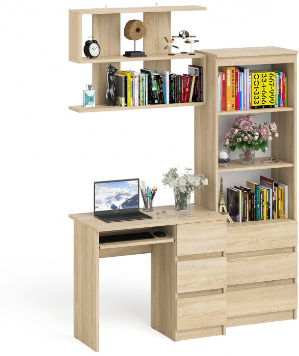 Мори компьютерный стол МС-6 правый + Стеллаж МСТ600.3 + Полка 900, дуб сонома