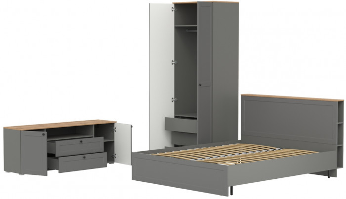 Остин 11.53 Кровать + ортопед + 13.336.02 Шкаф для одежды + 16.47 Тумба под ТВ, серый графит/дуб крафт золотой