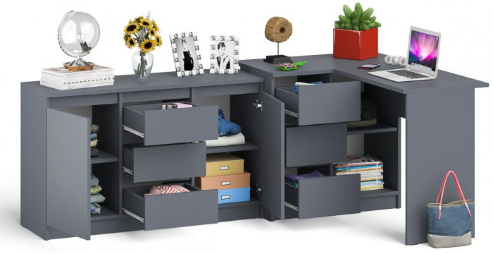 Мори Стол компьютерный МС-16 левый + Комод МК1200.3, цвет графит, ШхГхВ 244,8х84,9х76,6 см., выдвижные ящики слева, НЕ универсальная сборка