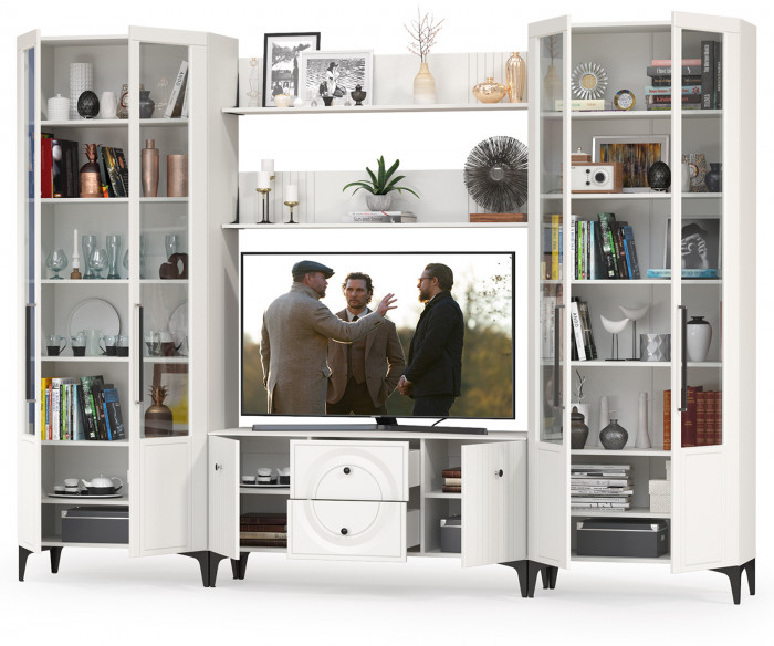 Валенсия Гостиная № 065, цвет ЛДСП белый шагрень/МДФ белый шагрень, ШхГхВ 301,3х38,3х225,2 см., ниша для ТВ 133х38х117 см.