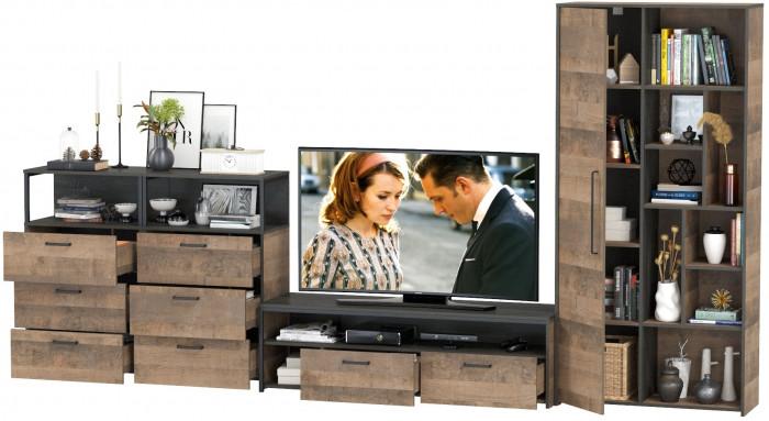 Трувор Гостиная 104, цвет дуб гранж песочный/интра, ШхГхВ 374,8х45,4х195 см., универсальная сборка