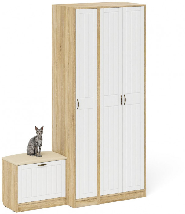 Прихожая П-6 Компоновка № 45, дуб сонома/фасады МДФ белое дерево фрезеровка прованс