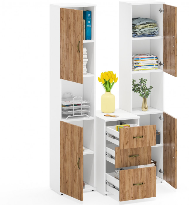 Лидер-8 Пенал + Пенал + Тумба МД 3.16, белый шагрень/крафт золото