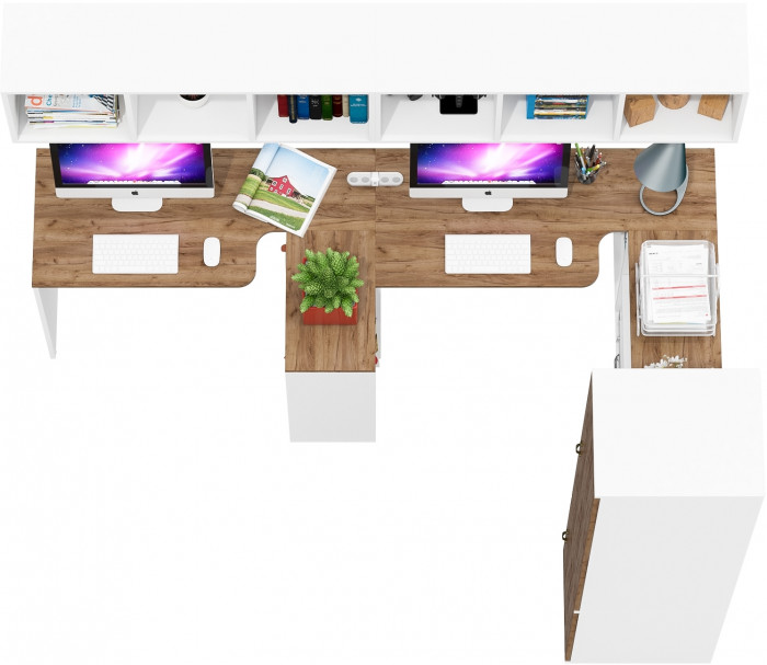 Лидер-8 Стол + Полка + Стол + Полка + Пенал МД 23Б + Тумба МД 3.19, белый шагрень/крафт золото