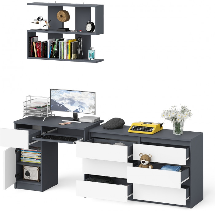Мори Стол компьютерный МС-1 левый + Комод МК1200.6 + Полка 900, цвет графит/белый, ШхГхВ 210,4х50х209,6 см., НЕ универсальная сборка