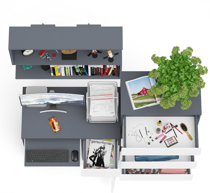 Мори Стол компьютерный МС-1 правый + Комод МК700.5 + Полка 900, цвет графит/белый, ШхГхВ 160,4х50х209,6 см., НЕ универсальная сборка