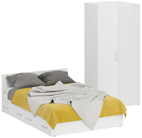 Кровать с ящиками 1400 + Шкаф угловой Стандарт, цвет белый, ШхГхВ 143,5х203,5х70 + 81,2х81,2х200 см., сп.м. 1400х2000 мм., без матраса, основание есть