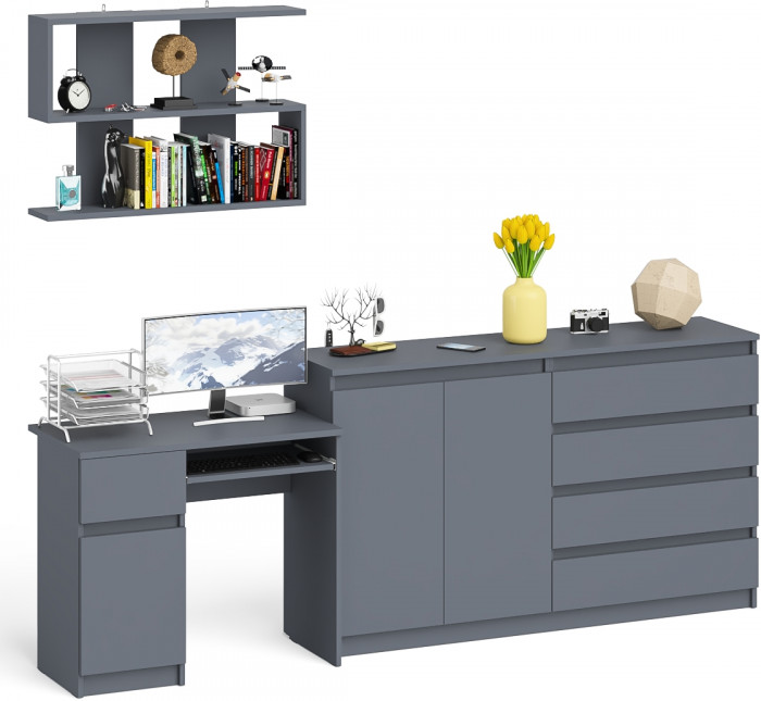 Мори Стол компьютерный МС-1 левый + Комод МК1600.1 + Полка 900, цвет графит, ШхГхВ 250,4х50х209,6 см., НЕ универсальная сборка