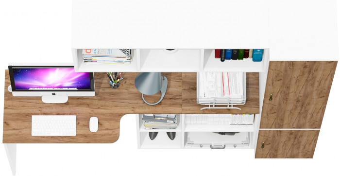 Лидер-8 Стол + Полка + Пенал МД 21Б, цвет белый шагрень/крафт золото, ШхГхВ 205х50/37,5х75/190 или 115х50/120х75/190 см., НЕ универсальная сборка