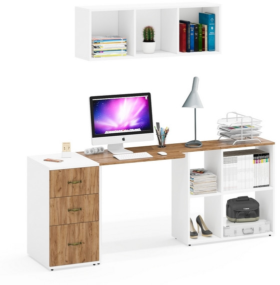 Лидер-8 Стол + Полка + Тумба МД 3.16, цвет белый шагрень/крафт золото, ШхГхВ 205х50/30х75/190 или 155х80/50х75/190 см., НЕ универсальная сборка