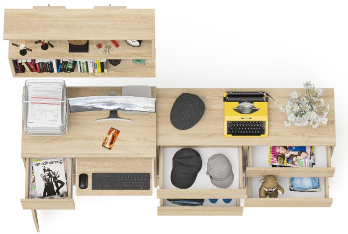 Мори Стол компьютерный МС-1 левый + Комод МК1200.6 + Полка 900, цвет дуб сонома, ШхГхВ 210,4х50х209,6 см., НЕ универсальная сборка