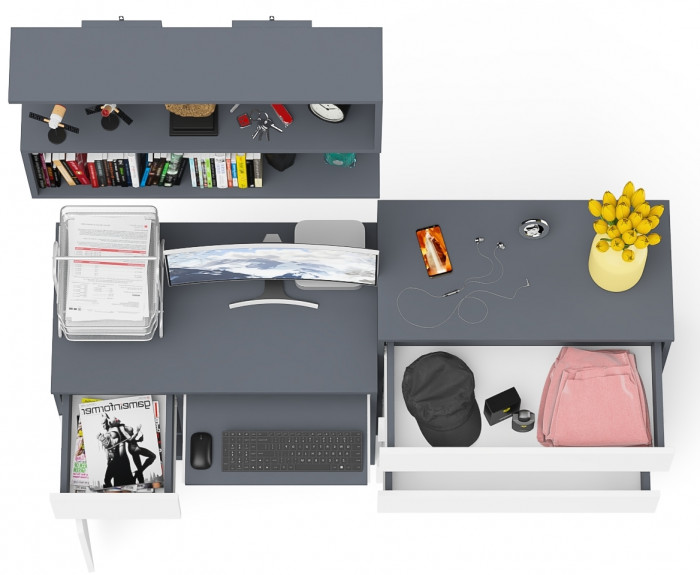 Мори компьютерный стол МС-1 левый + Комод МК800.4 + Полка 900, графит/белый