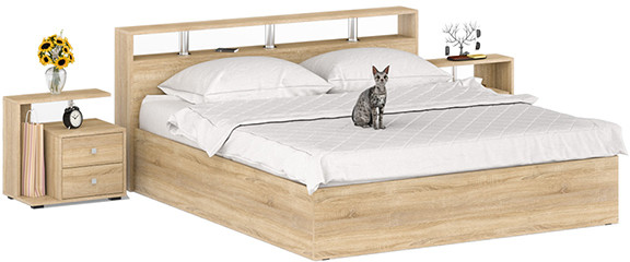Камелия Кровать 1800 + две тумбы, цвет дуб сонома, ШхГхВ 296х217х78,2 см., сп.м. 1800х2000 мм., без матраса, основание есть