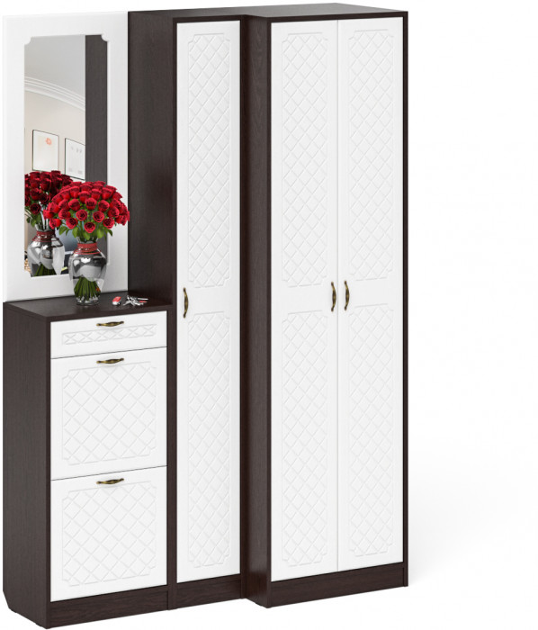 Прихожая П-6 Компоновка № 29, цвет венге/фасады МДФ белое дерево фрезеровка ромб, ШхГхВ 140х50х210 см., универсальная сборка