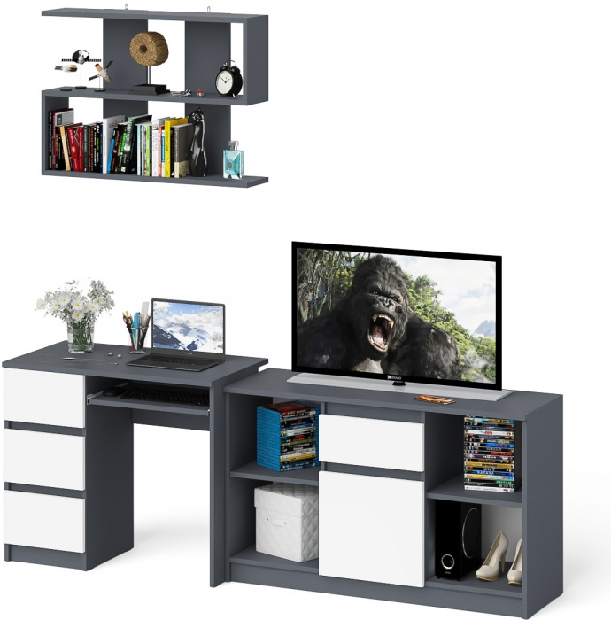 Мори Стол компьютерный МС-6 левый + Тумба МТВ1204.1 + Полка 900, цвет графит/белый, ШхГхВ 210,4х50х209,6 см., НЕ универсальная сборка