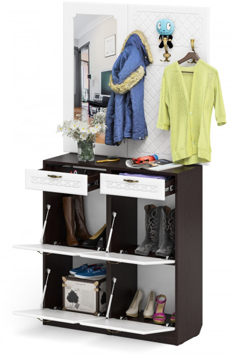 Прихожая П-6 Компоновка № 05, цвет венге/фасады МДФ белое дерево фрезеровка ромб, ШхГхВ 110х35х200 см.