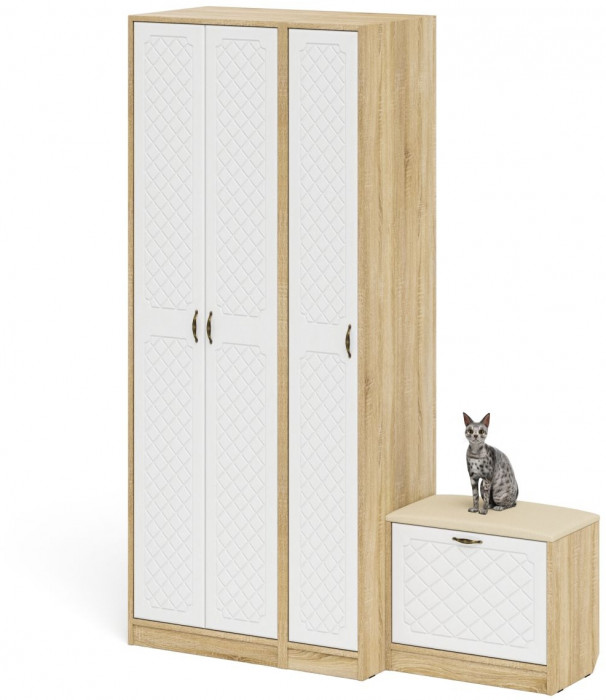 Прихожая П-6 Компоновка № 45, цвет дуб сонома/фасады МДФ белое дерево фрезеровка ромб, ШхГхВ 150х50х210 см., универсальная сборка