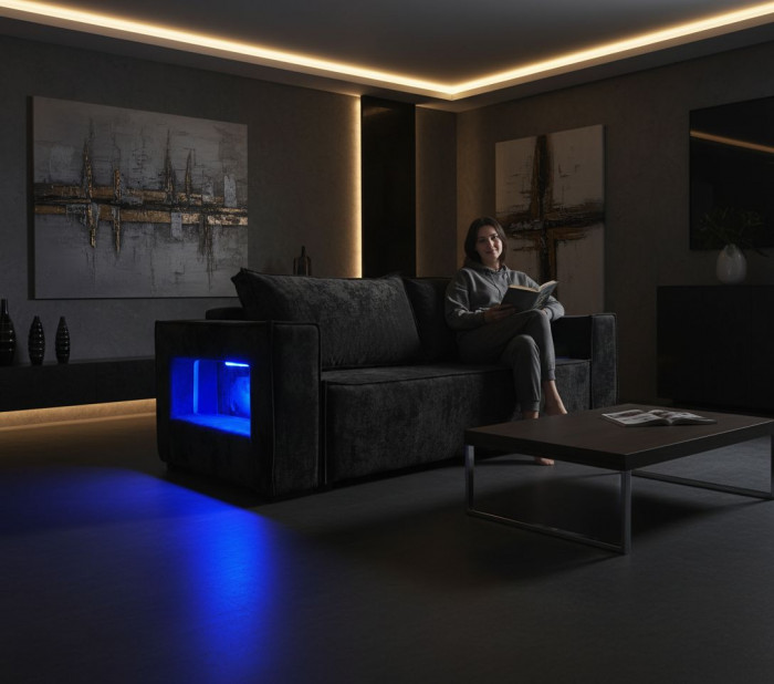 Диван-кровать Лофт Люкс Плюш с подсветкой, еврокнижка, пружинный блок, 140х195, черный