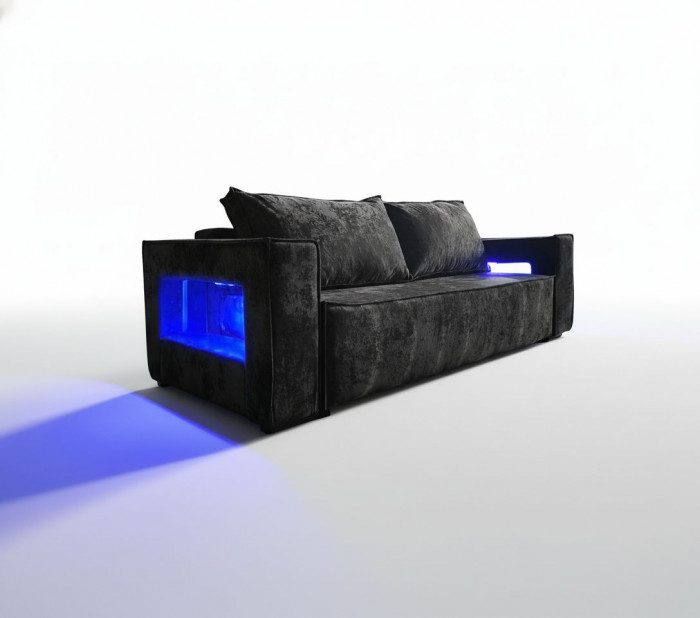 Диван-кровать Лофт Люкс Плюш с подсветкой, еврокнижка, пружинный блок, 140х195, черный