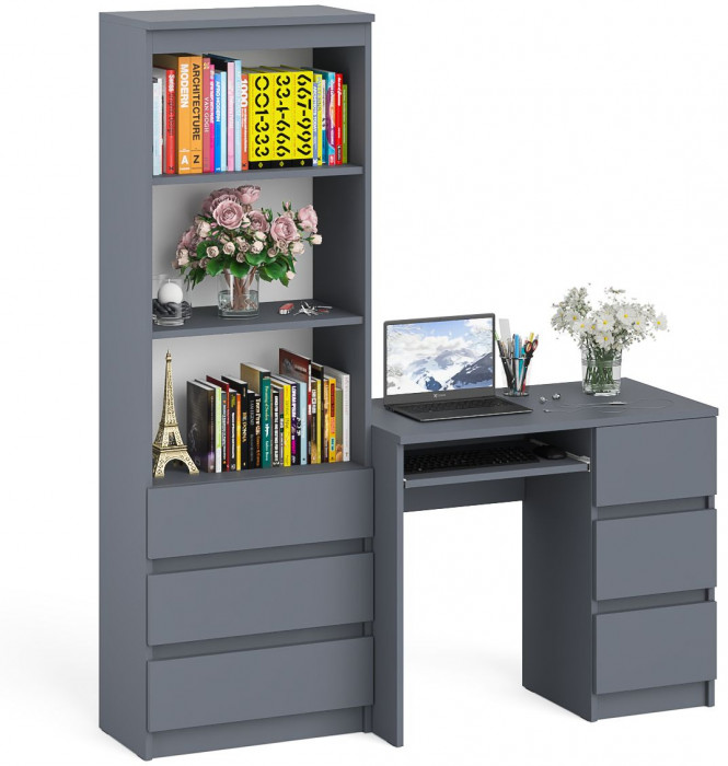 Мори компьютерный стол МС-6 правый + Стеллаж МСТ600.3, графит