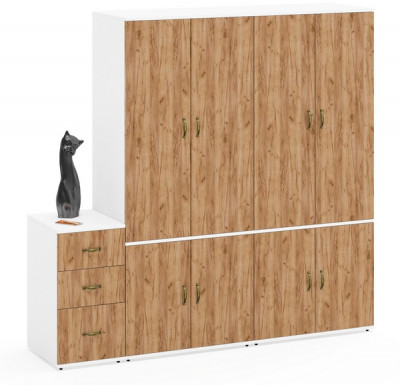 Лидер-8 Шкаф МД 19Б + Шкаф МД 19Б + Тумба МД 3.16, цвет белый шагрень/крафт золото, ШхГхВ 200х50х190 см., универсальная сборка