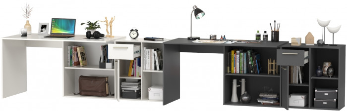 Два Стола письменных Лайт 03.245, цвет белый шагрень/тёмно-серый, ШхГхВ 342,9х136х75,2 см.(угловой) или 407,2х60х75,2 см.(прямой), универс. сборка