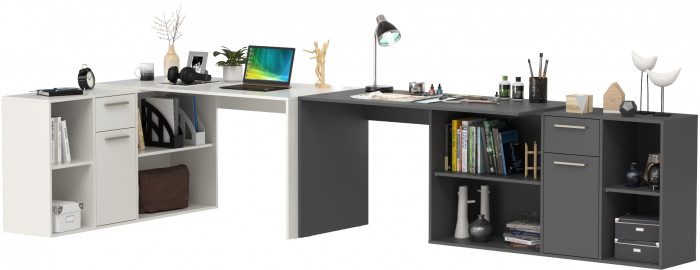 Два Стола письменных Лайт 03.245, цвет белый шагрень/тёмно-серый, ШхГхВ 342,9х136х75,2 см.(угловой) или 407,2х60х75,2 см.(прямой), универс. сборка