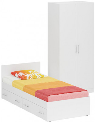 Кровать с ящиками 0900 + Шкаф 2-х створчатый Стандарт, цвет белый, ШхГхВ 93,5х203,5х70 + 90х52х200 см., сп.м. 900х2000 мм., б/м, основание есть