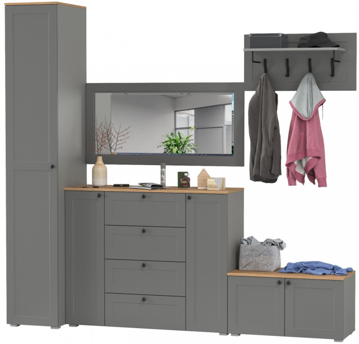 Остин Прихожая 51, цвет серый графит/дуб крафт золотой, ШхГхВ 240х54,3х229,6 см., универсальная сборка