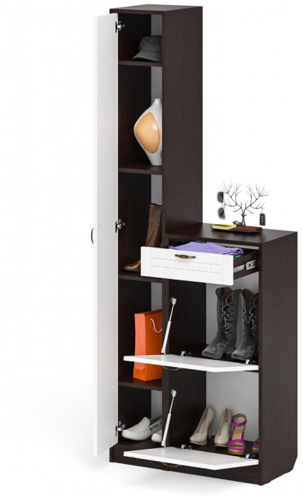 Прихожая П-6 Компоновка № 22, цвет венге/фасады МДФ белое дерево фрезеровка прованс, ШхГхВ 80х35х210 см., универсальная сборка