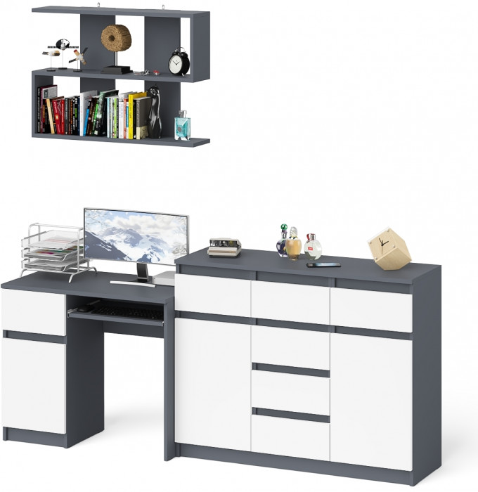 Мори компьютерный стол МС-1 левый + Комод МК1200.4 + Полка 900, графит/белый