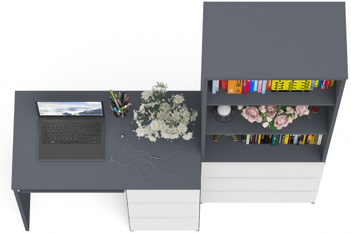 Мори компьютерный стол МС-6 правый + Стеллаж МСТ600.3, графит/белый