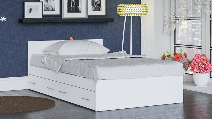 Мори Кровать с ящиками 1200, цвет белый, ШхГхВ 123,5х203,5х70 см., сп.м. 1200х2000 мм., без матраса, основание есть