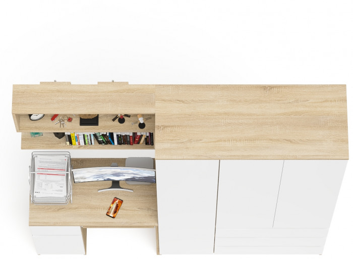 Мори Стол компьютерный МС-1 левый + Шкаф МШ1200.1 + Полка 900, цвет дуб сонома/белый, ШхГхВ 210,4х50,4х209,6 см., НЕ универсальная сборка
