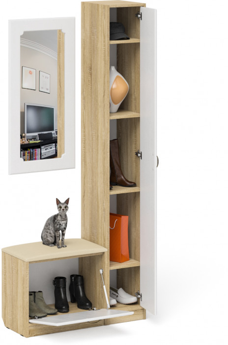 Прихожая П-6 Компоновка № 20, дуб сонома/фасады МДФ белое дерево фрезеровка ромб