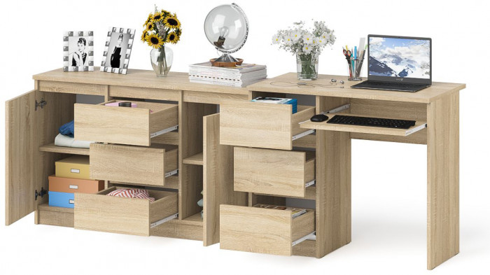 Мори компьютерный стол МС-6 левый + Комод МК1200.3, дуб сонома
