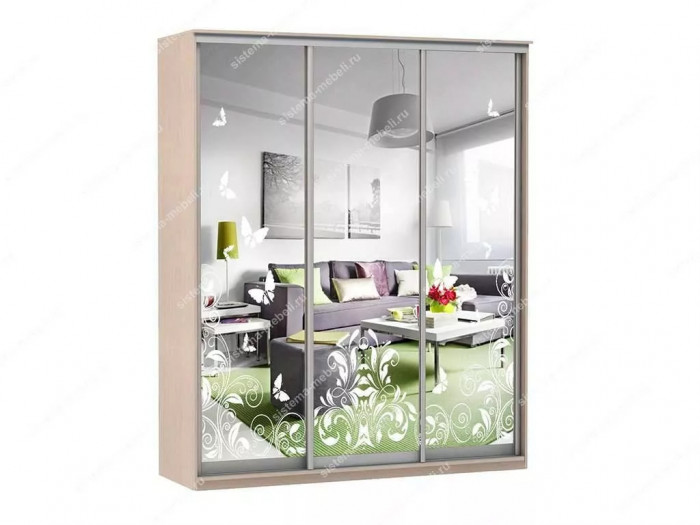 Шкаф купе Модерн 1776х450 3-х дверный 3-х секционный зеркальный с пескоструем №4 ясень