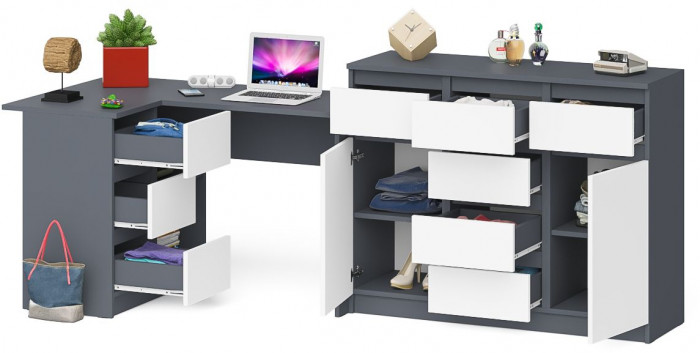 Мори Стол компьютерный МС-16 левый + Комод МК1200.4, цвет графит/белый, ШхГхВ 244,8х84,9х94 см., выдвижные ящики слева, НЕ универсальная сборка