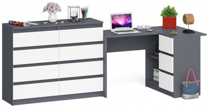 Мори Стол компьютерный МС-16 правый + Комод МК1200.8, цвет графит/белый, ШхГхВ 244,8х84,9х94 см., выдвижные ящики справа, НЕ универсальная сборка