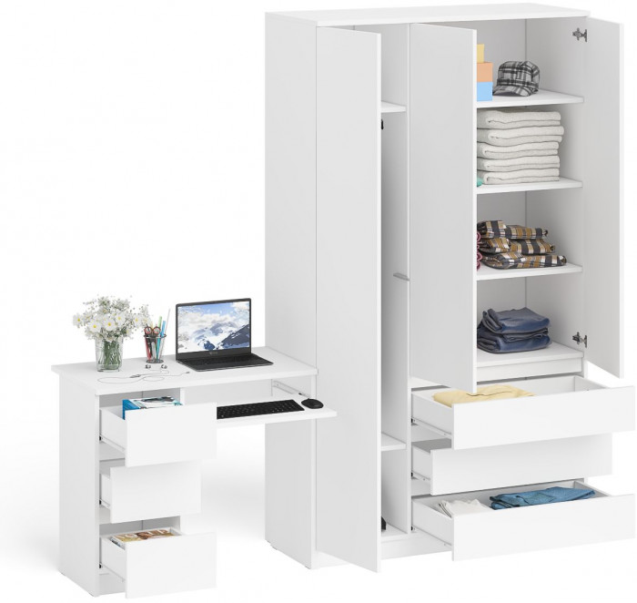 Мори Стол компьютерный МС-6 левый + Шкаф МШ1200.1, цвет белый, ШхГхВ 210,4х50,4х209,6 см., выдвижные ящики слева, НЕ универсальная сборка