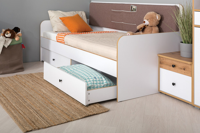 Вуди 11.02 Кровать + Тумба 13.287, цвет белый премиум/дуб крафт золотой/саванна латте, ШхГхВ 254,2х94,4х96,5 см, 900х2000 мм, б/м, осн. есть