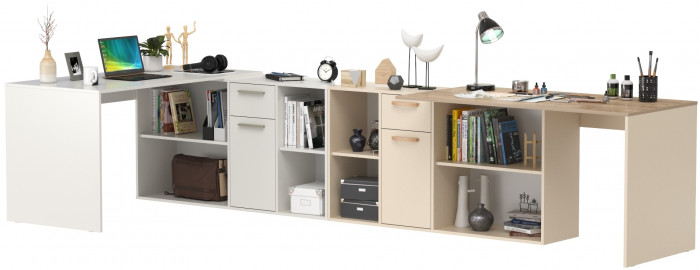 Два Стола письменных Лайт 03.245F, цвет белый шагрень/сатин/дуб эндгрейн элегантный, ШхГхВ 342,7х136х75,2 см.(угл.) или 407х68х75,2 см.(пр.), ун. сб.