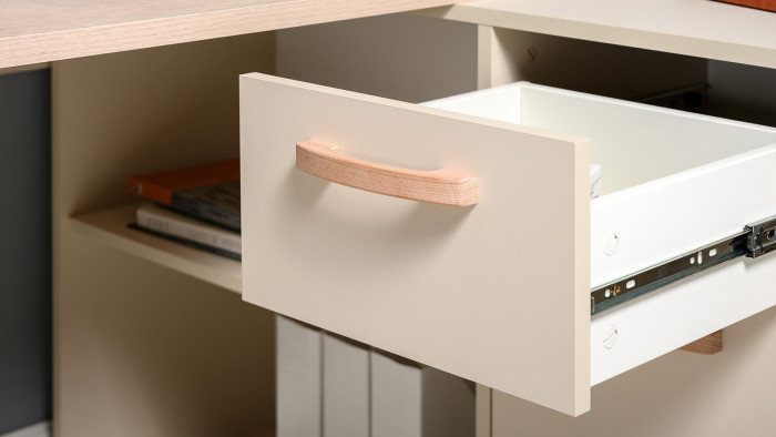 Два Стола письменных Лайт 03.245F, цвет белый шагрень/сатин/дуб эндгрейн элегантный, ШхГхВ 342,7х136х75,2 см.(угл.) или 407х68х75,2 см.(пр.), ун. сб.