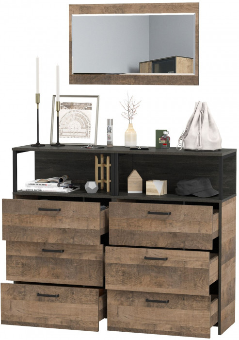 Трувор 13.307.02 Комод с ящиками + 13.307.02 Комод с ящиками + 15.30 Зеркало, цвет дуб гранж песочный/интра, ШхГхВ 132х37х195 см.